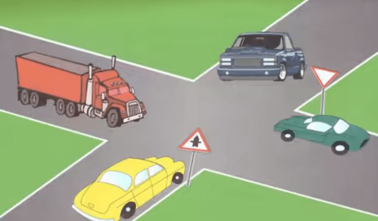 انتباه الكبيرة في الصغيرة : حق االسبقية للسيارة الصفراء والزرقاء عندهم الكبيرة يدوزوا عاد تدوز السيارة الخضراء والكاميو حيث عندهم الصغيرة