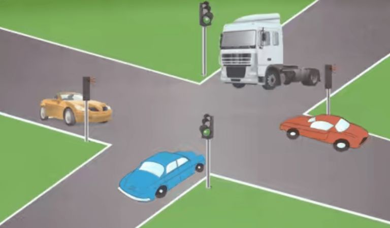 ملتقى الطرق بالضوء : الكاميو والسيارة الزرقاء يدوزوا عندهم الضوء االخضر والسيارة الصفراء والحمراء يوقفو عندهم الضوء االحمر